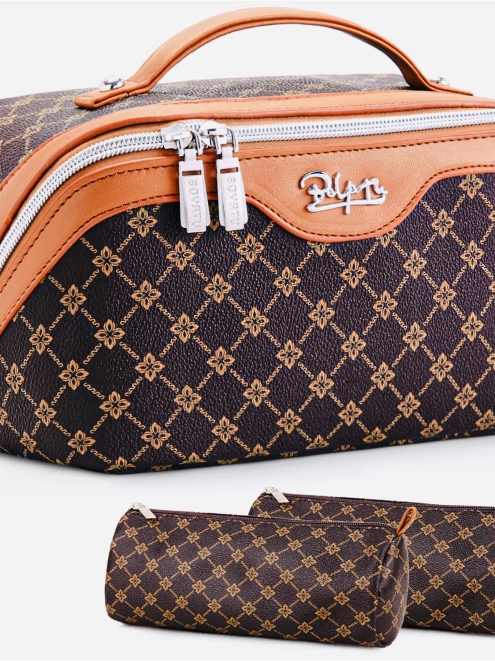 Brown Monogram Travel Toiletry Bag with Tan Trim